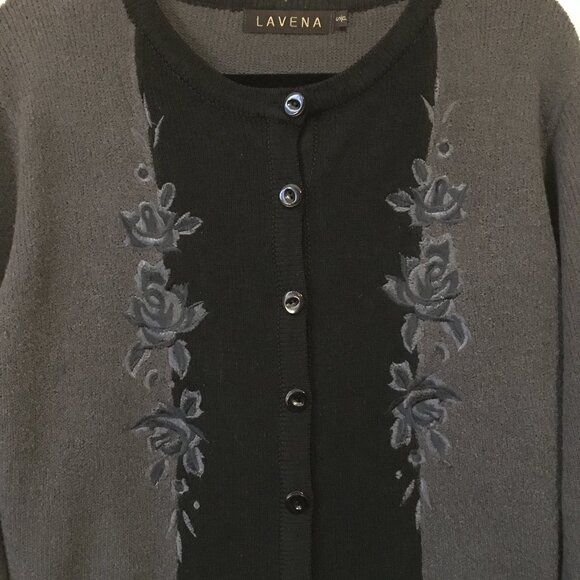 Lavena Black and Grey Embroidered Nubby Button Down Dark Cottage Cardigan - Picture 5 of 15